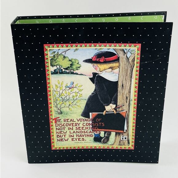 Mary Engelbreit Other - Retired 1998 Mary Engelbreit 3-Ring Binder Girl Tree Black Voyage Landscapes Eye